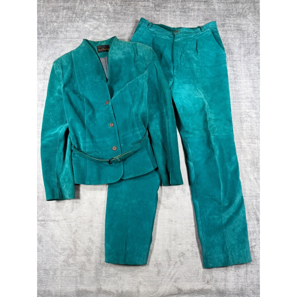 Pierre Bouchard Suede Leather Suit Womens 12 Teal Vtg Set Belted Blazer Pants